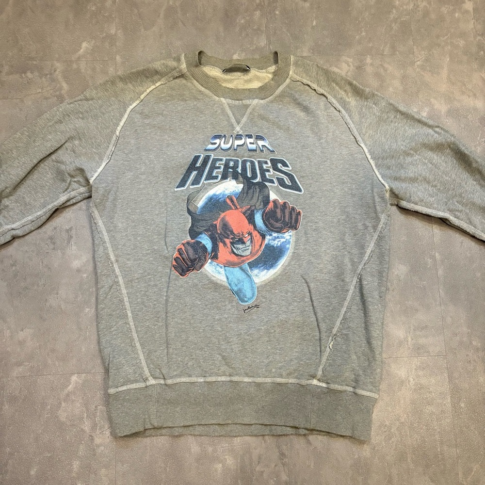 BALMAIN Vintage Superheroes Crewneck Distressed Sweatshirt‎ Size XL